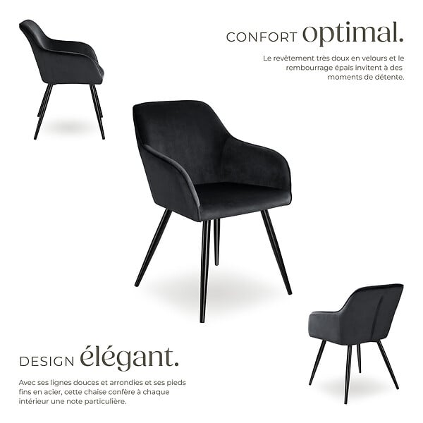 TECTAKE - Ensemble de 6 chaises effet velours rembourrées ergonomiques noir - large