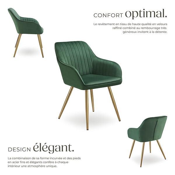 TECTAKE - Lot 6 chaises de salle à manger aspect velours matelassé vert/or - large