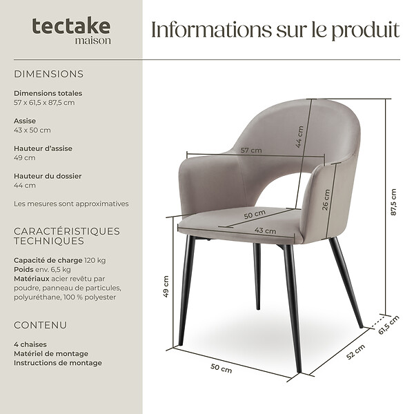 TECTAKE - Lot 4 Fauteuils aspect velours rembourré max 120 kg taupe - large