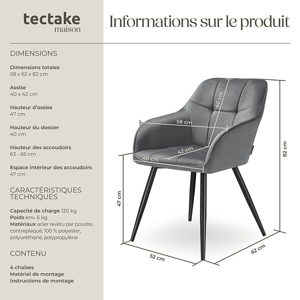 TECTAKE - Lot 4 chaises rembourrées en velours matelassé et dossier continu gris - large