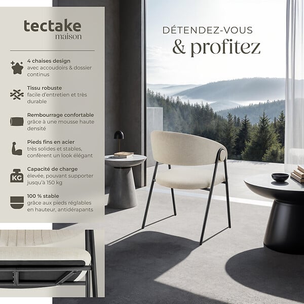 TECTAKE - Lot 4 Fauteuils rembourré ergonomique en tissu 150kg max grège - large