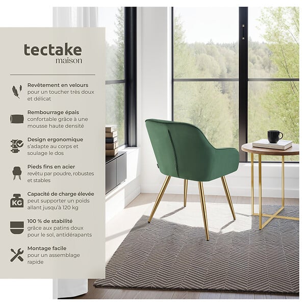 TECTAKE - Lot 6 chaises de salle à manger avec aspect velours capitonné vert/or - large