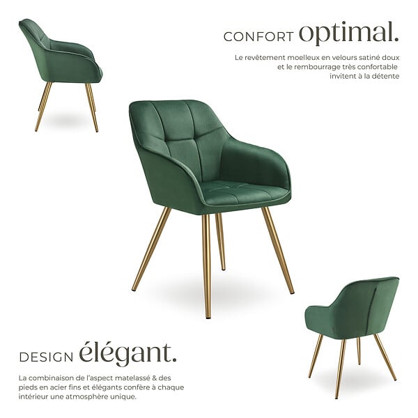 TECTAKE - Lot 6 chaises de salle à manger avec aspect velours capitonné vert/or - large