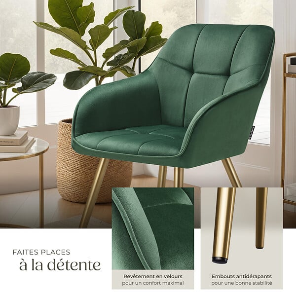 TECTAKE - Lot 6 chaises de salle à manger avec aspect velours capitonné vert/or - large