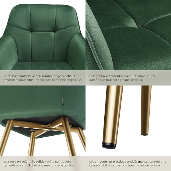 TECTAKE - Lot 6 chaises de salle à manger avec aspect velours capitonné vert/or - large