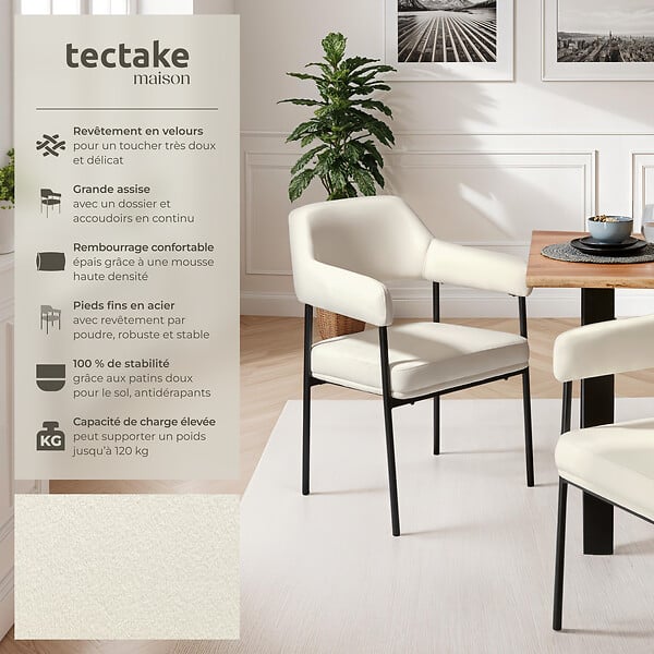 TECTAKE - Lot 6 fauteuils rembourrés avec pieds en acier dossier continu blanc - large
