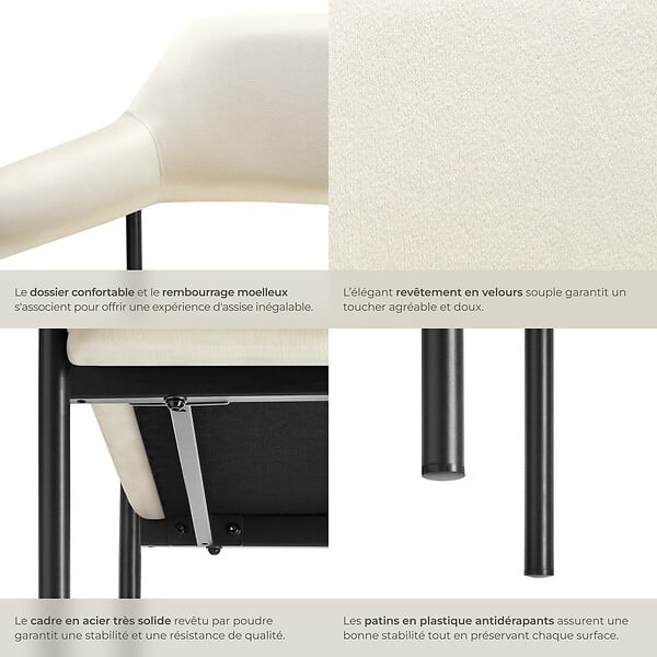 TECTAKE - Lot 6 fauteuils rembourrés avec pieds en acier dossier continu blanc - large