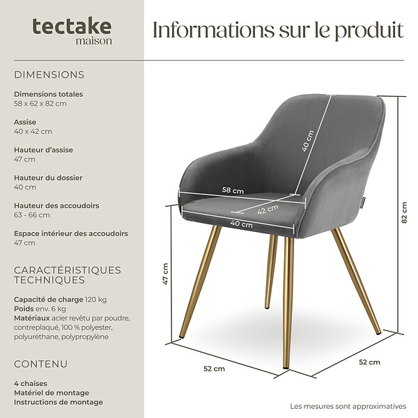 TECTAKE - Lot 4 chaises élégantes aspect corde forme ergonomique gris/doré - large