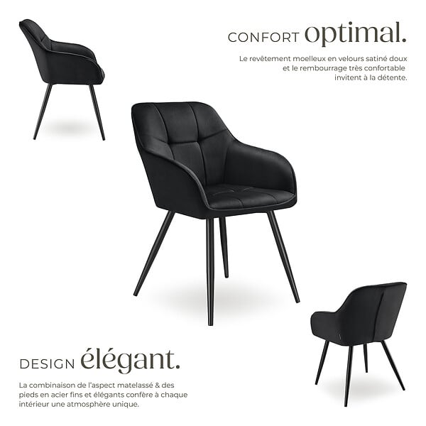 TECTAKE - Lot 2 chaises rembourrées en velours matelassé et dossier continu noir - large