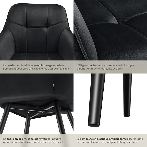 TECTAKE - Lot 2 chaises rembourrées en velours matelassé et dossier continu noir - large
