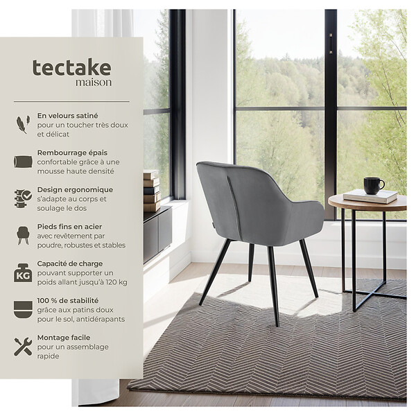 TECTAKE - Lot 6 chaises rembourrées en velours matelassé et dossier continu gris - large