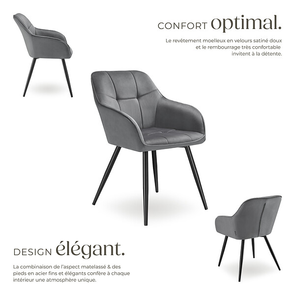 TECTAKE - Lot 6 chaises rembourrées en velours matelassé et dossier continu gris - large