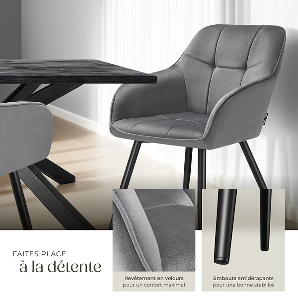 TECTAKE - Lot 6 chaises rembourrées en velours matelassé et dossier continu gris - large
