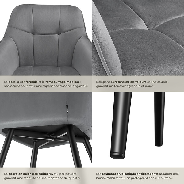 TECTAKE - Lot 6 chaises rembourrées en velours matelassé et dossier continu gris - large