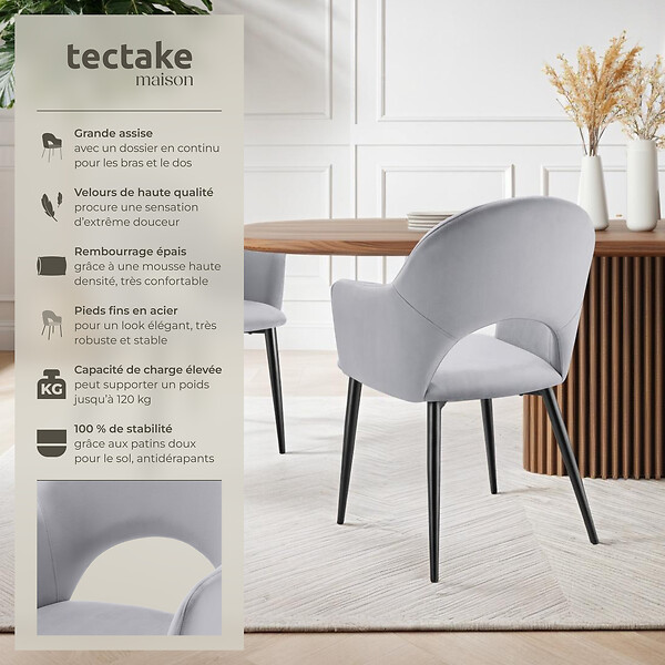 TECTAKE - Lot 6 Fauteuils aspect velours rembourré max 120 kg gris clair - large