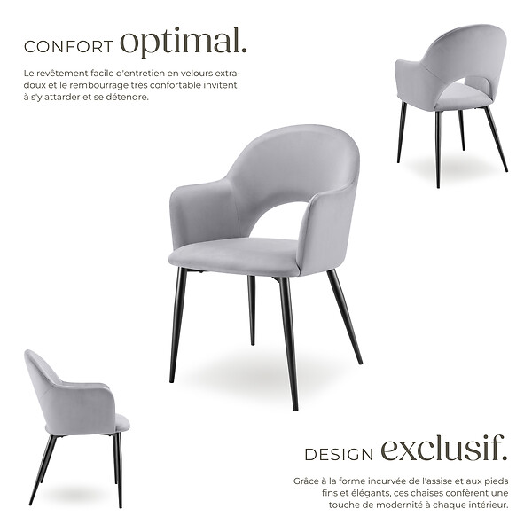TECTAKE - Lot 6 Fauteuils aspect velours rembourré max 120 kg gris clair - large