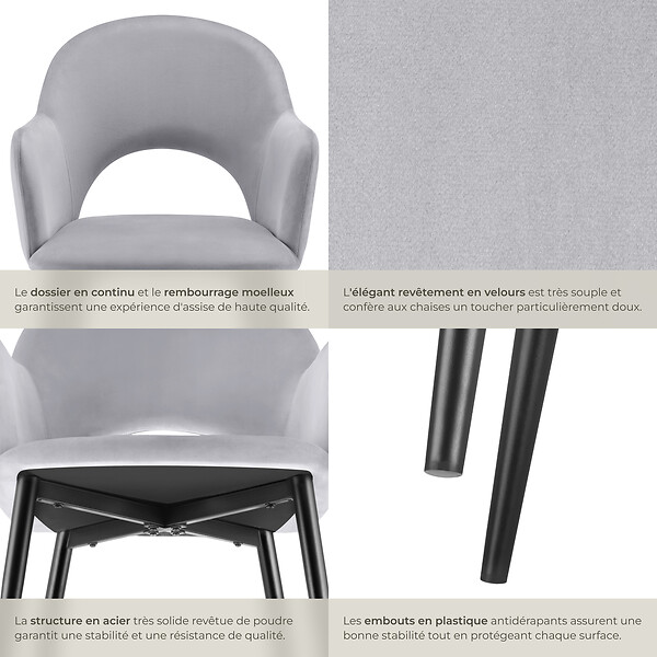 TECTAKE - Lot 6 Fauteuils aspect velours rembourré max 120 kg gris clair - large