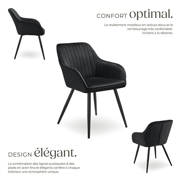 TECTAKE - Lot 2 chaises de salle à manger en velours matelassées noir - large