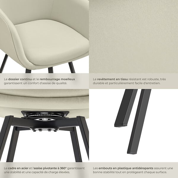 TECTAKE - Lot 4 Fauteuils pivotants rembourrés avec accoudoirs gris/beige - large