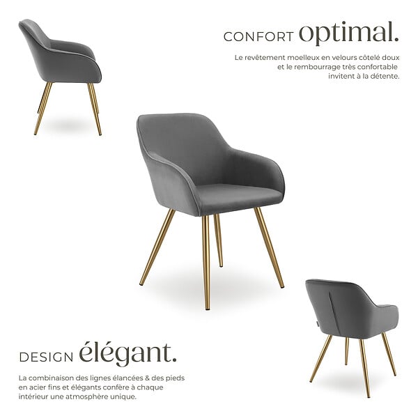 TECTAKE - Lot 6 chaises élégantes aspect corde forme ergonomique gris/doré - large