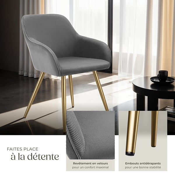 TECTAKE - Lot 6 chaises élégantes aspect corde forme ergonomique gris/doré - large