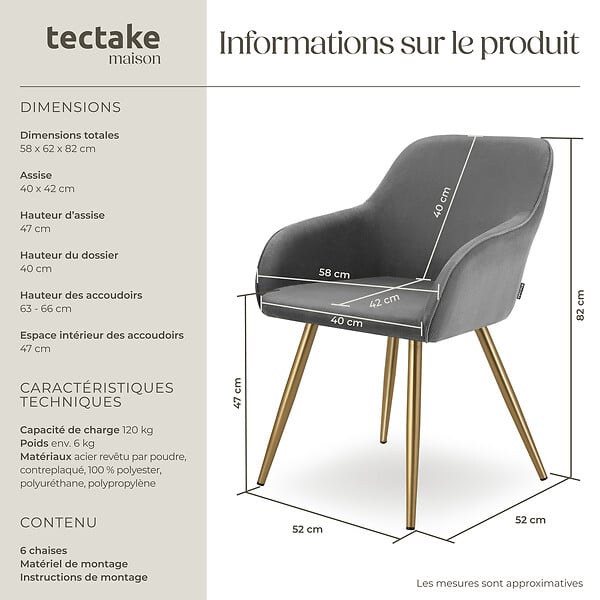 TECTAKE - Lot 6 chaises élégantes aspect corde forme ergonomique gris/doré - large