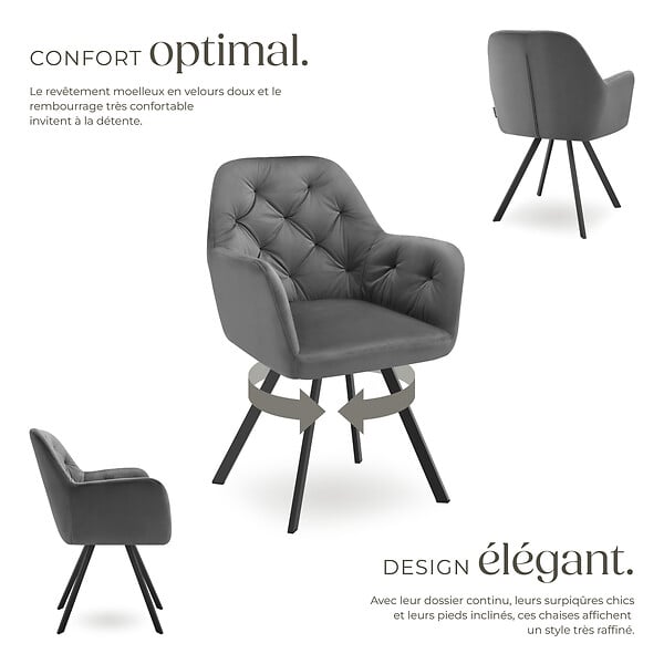 TECTAKE - Lot 4 fauteuils pivotants 180° velours rembourrés motif matelassé gris - large