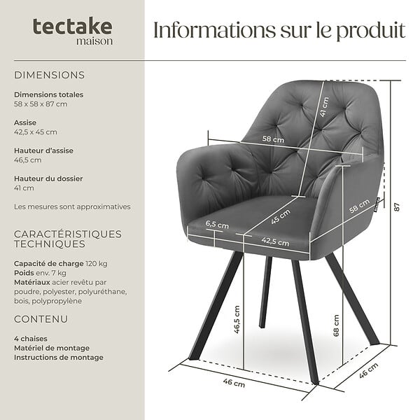 TECTAKE - Lot 4 fauteuils pivotants 180° velours rembourrés motif matelassé gris - large