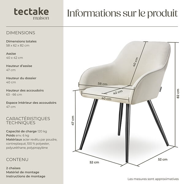 TECTAKE - Lot 2 chaises élégantes aspect corde avec forme ergonomique crème/noir - large