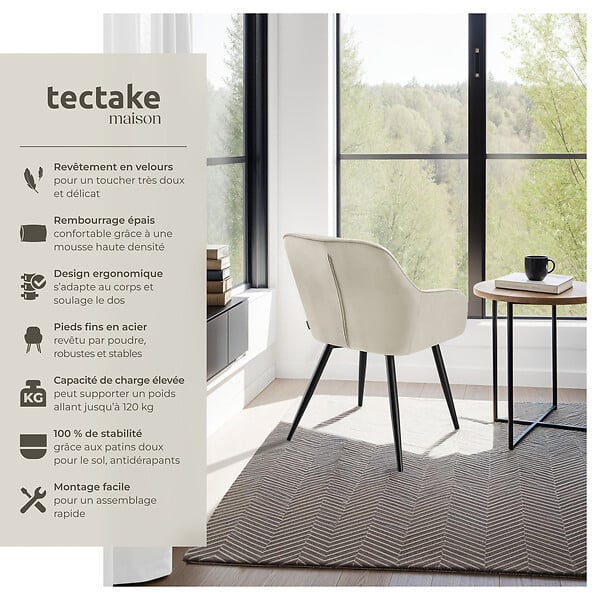TECTAKE - Lot 2 chaises de salle à manger en velours matelassées crème - large