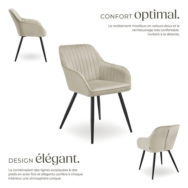 TECTAKE - Lot 2 chaises de salle à manger en velours matelassées crème - large