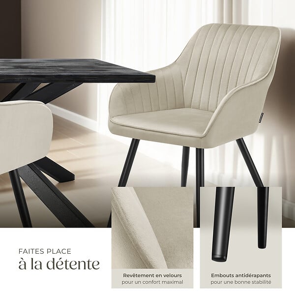 TECTAKE - Lot 2 chaises de salle à manger en velours matelassées crème - large