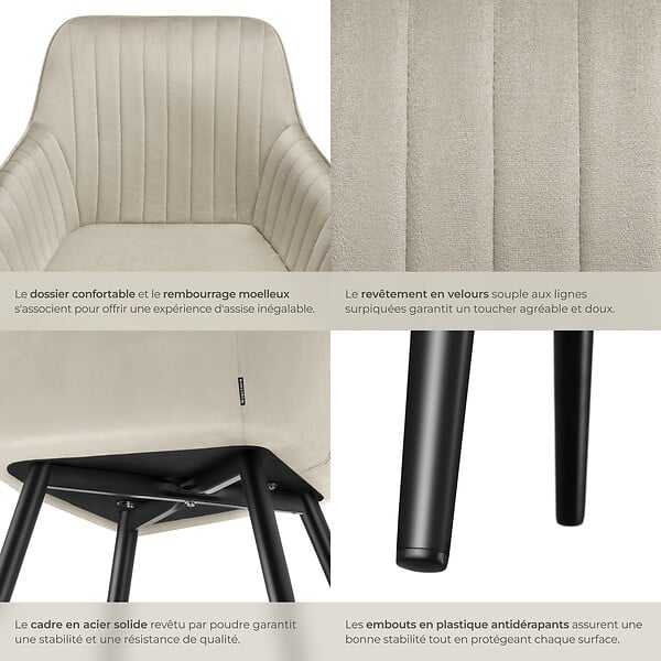 TECTAKE - Lot 2 chaises de salle à manger en velours matelassées crème - large
