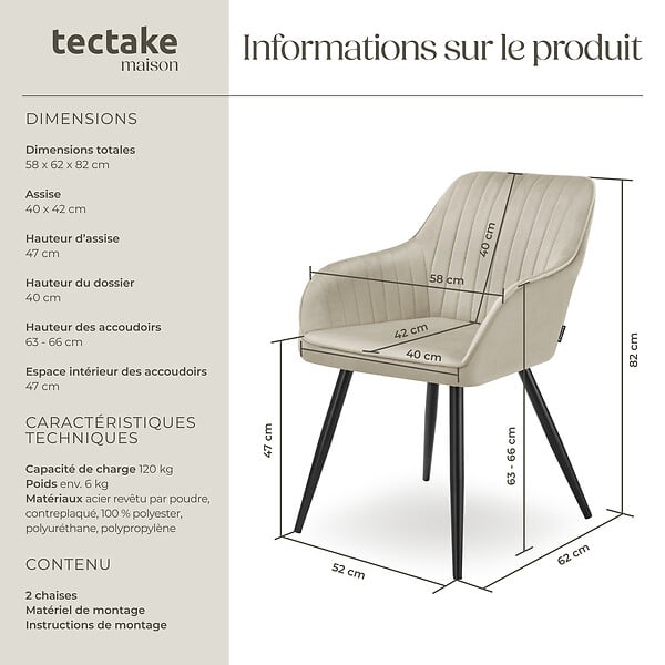 TECTAKE - Lot 2 chaises de salle à manger en velours matelassées crème - large