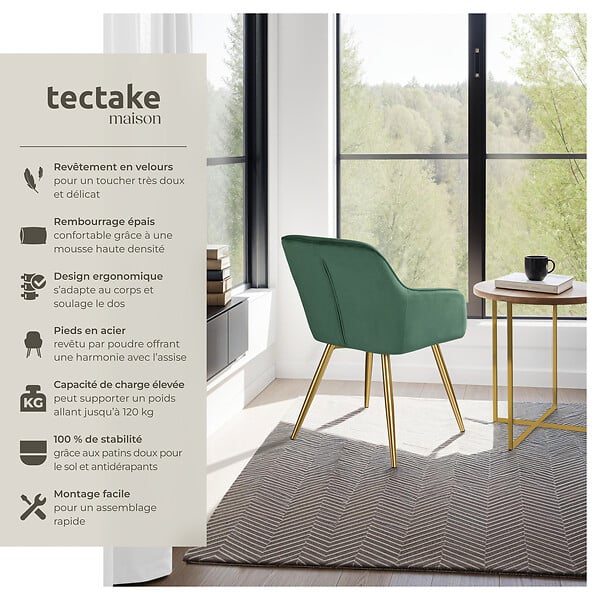 TECTAKE - Ensemble de 2 chaises rembourrées aspect velours vert foncé/or - large
