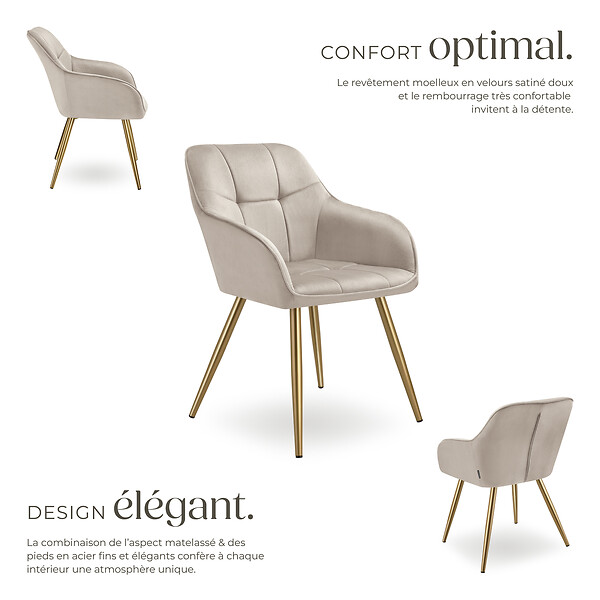 TECTAKE - Lot 2 chaises de salle à manger avec aspect velours capitonné taupe/or - large