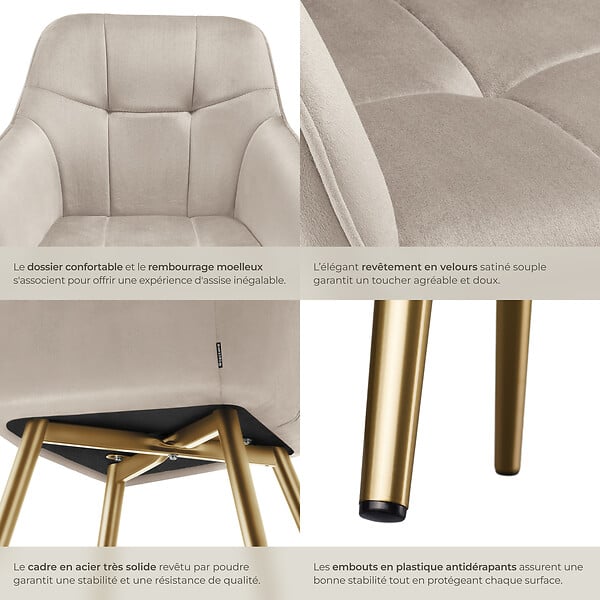 TECTAKE - Lot 2 chaises de salle à manger avec aspect velours capitonné taupe/or - large