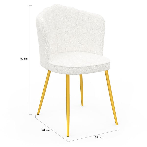 ID MARKET - Lot de 2 chaises coquillage ADELAIDE bouclette blanche pieds dorés - large