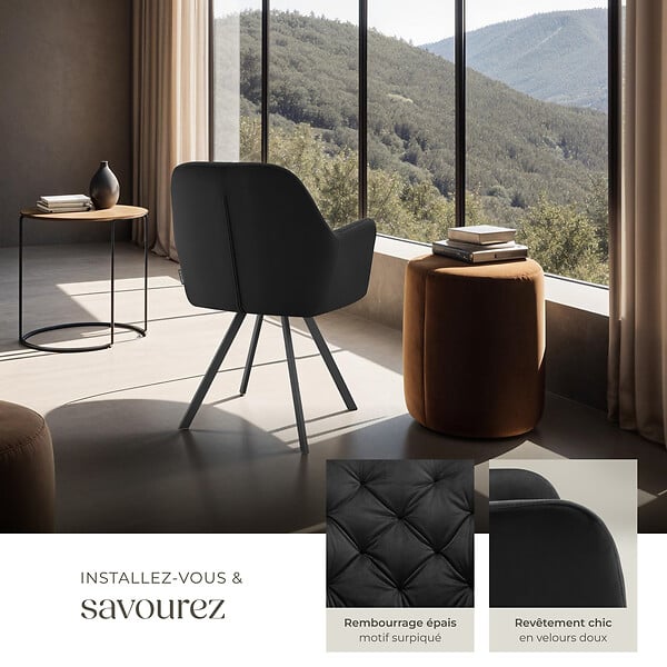 TECTAKE - Lot 6 fauteuils pivotants 180° velours rembourrés motif matelassé noir - large