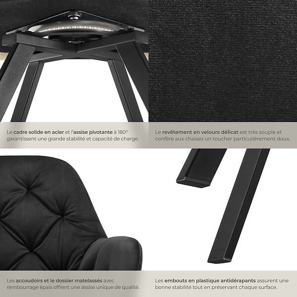 TECTAKE - Lot 6 fauteuils pivotants 180° velours rembourrés motif matelassé noir - large