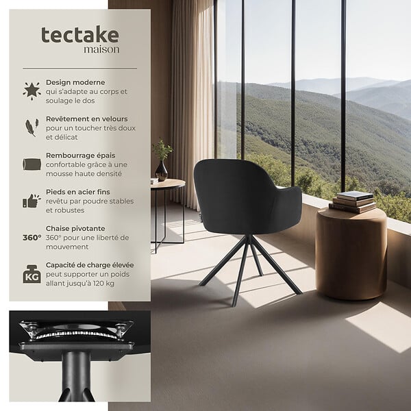 TECTAKE - Lot de 2 chaises pivotantes à 360° en velours avec rembourrage noir - large