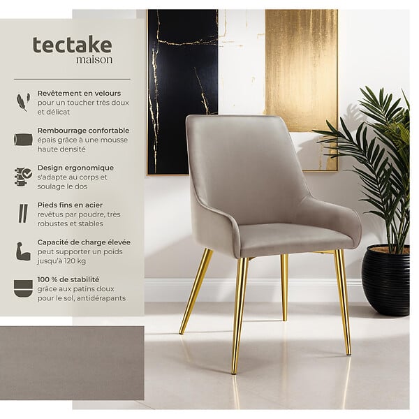 TECTAKE - Lot 6 chaises rembourrées aspect velours forme ergonomique taupe - large