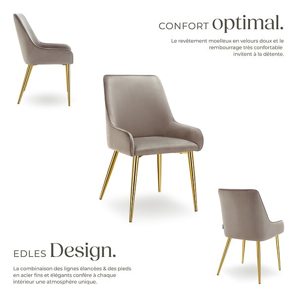 TECTAKE - Lot 6 chaises rembourrées aspect velours forme ergonomique taupe - large