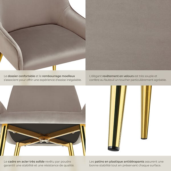 TECTAKE - Lot 6 chaises rembourrées aspect velours forme ergonomique taupe - large