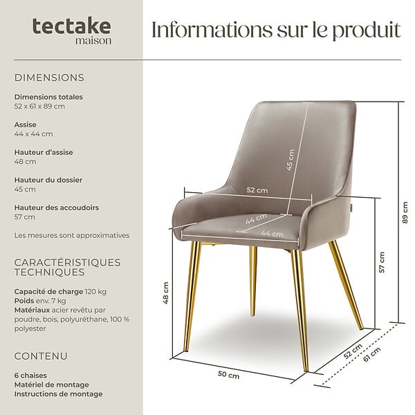 TECTAKE - Lot 6 chaises rembourrées aspect velours forme ergonomique taupe - large