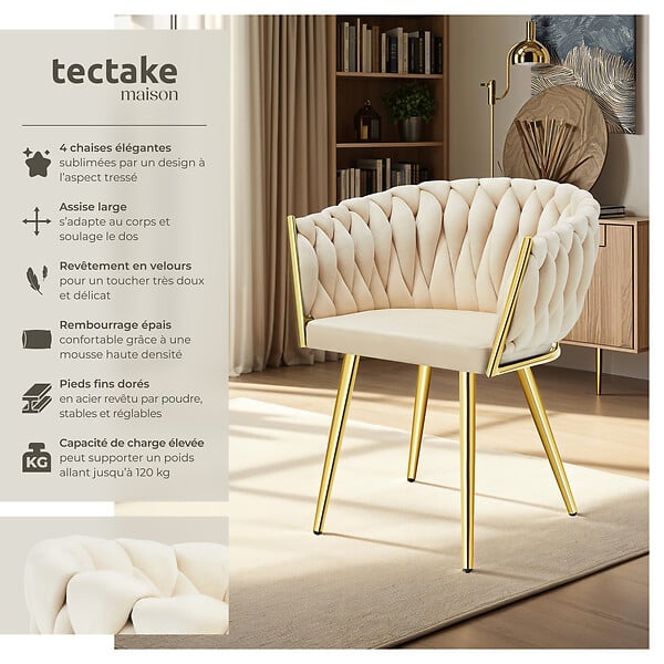 TECTAKE - Lot 4 chaises de salle à manger en velours design noué sable/or - large
