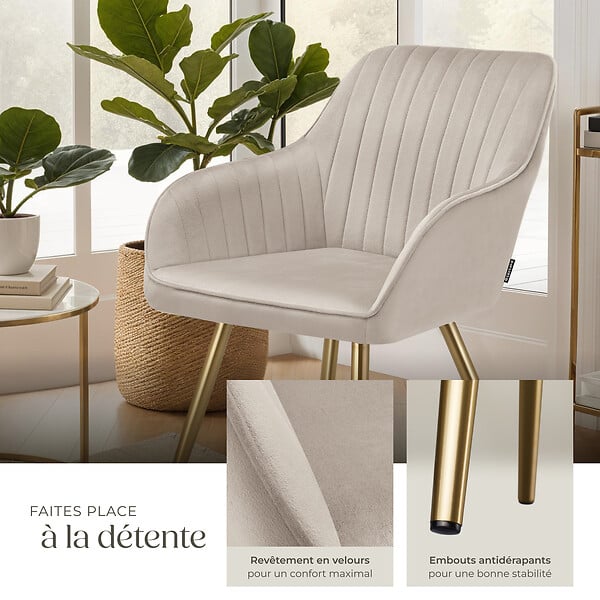 TECTAKE - Lot 6 chaises de salle à manger aspect velours matelassé taupe/or - large