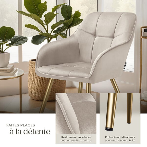 TECTAKE - Lot 6 chaises de salle à manger avec aspect velours capitonné taupe/or - large