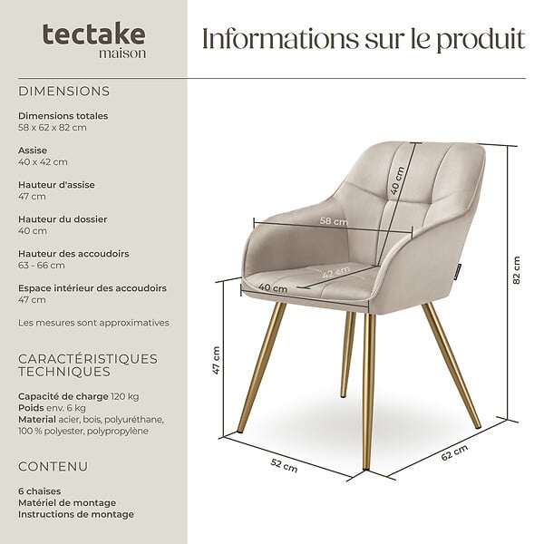 TECTAKE - Lot 6 chaises de salle à manger avec aspect velours capitonné taupe/or - large
