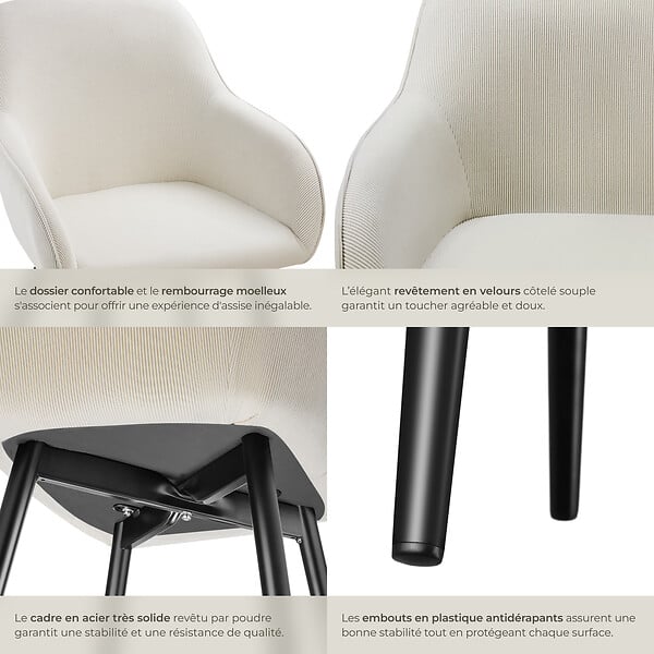 TECTAKE - Lot 4 chaises élégantes aspect corde forme ergonomique crème/noir - large